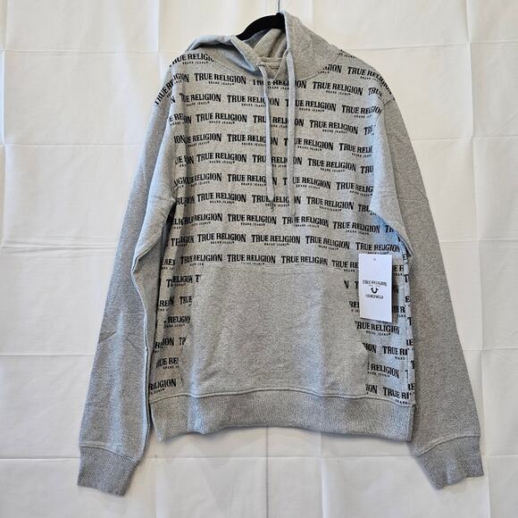 True Religion AOP Repeat Pullover Lightweight Loungewear Gray Hoodie Medium - Picture 1 of 6